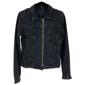 RtA Distressed Moto Zip Up Denim Jacket Collared Black Edgy Women Medium